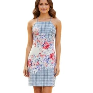 Guess Dress Womens Size 8 Blue Floral Spring Plaid Bodycon Mini Halter Crossback
